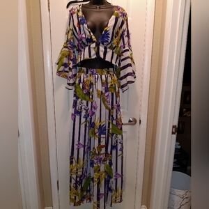 NWT CQbyCQ Floral Striped Top & Panel Skirt Set Sz L